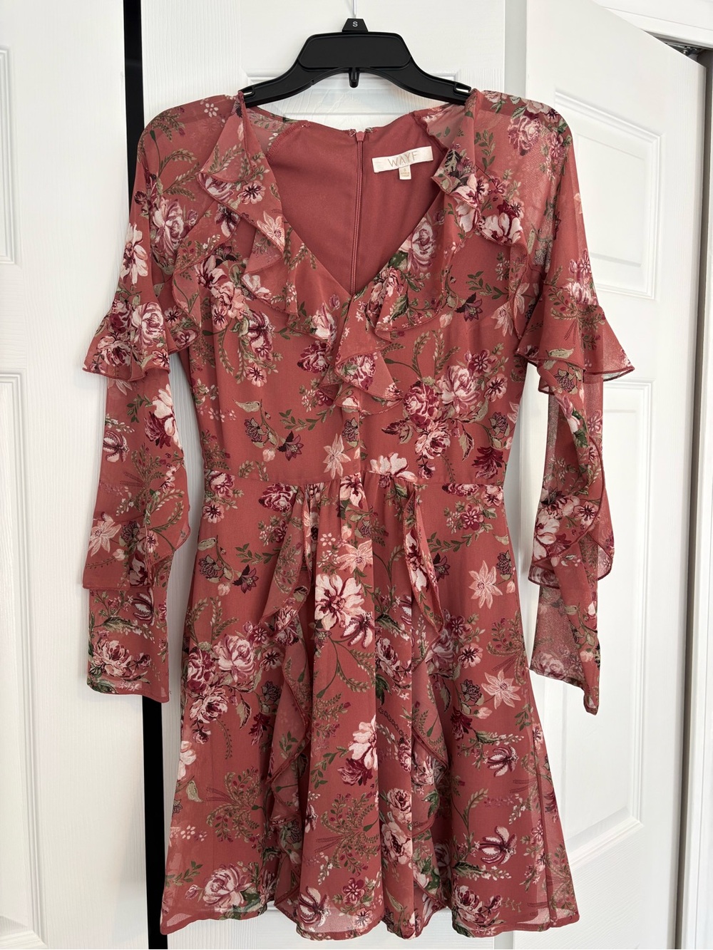 Wayf Dusty Rose Floral Ruffle Long-Sleeve Fit & Flare Dress